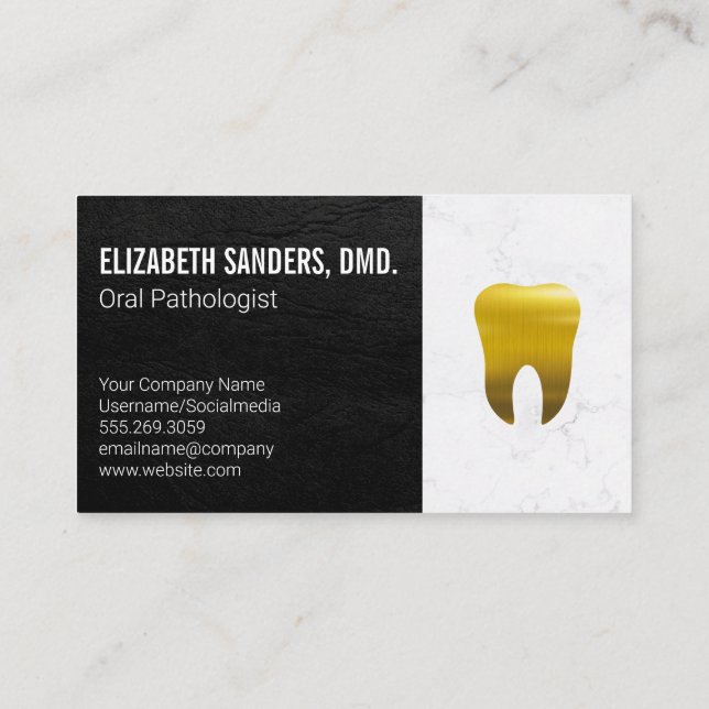 Gold Metallic Tooth Icon | Leather Marble Backgrou Business Card (Back)