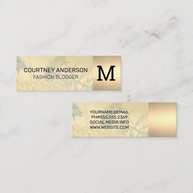 Gold Metallic Trim | Plant Background | Monogram Mini Business Card (Front/Back)