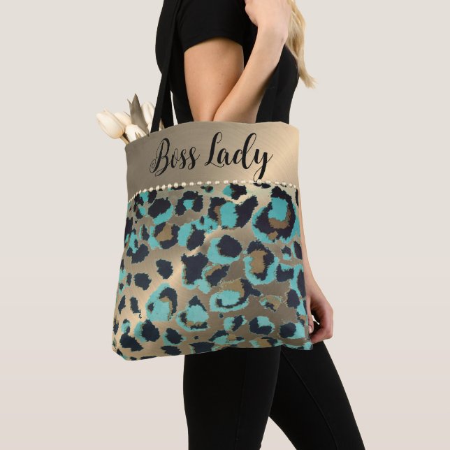 Gold Metallic Turquoise Leopard Boss Lady Tote Bag (Close Up)