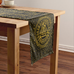 Gold  Metallic Valknut Symbol on Celtic Pattern Short Table Runner