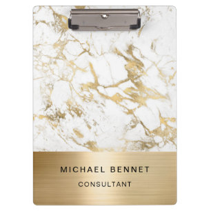 Gold Metallic White Marble Consultant Business Clipboard