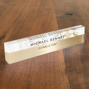 Gold Metallic White Marble Consultant Business Nameplate