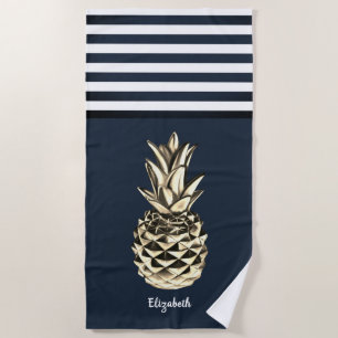 Gold MetallicPineapple Nautical Navy Blue Striped Beach Towel