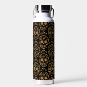 Gold Mexican Day Calavera Floral Skull Folk Water Bottle