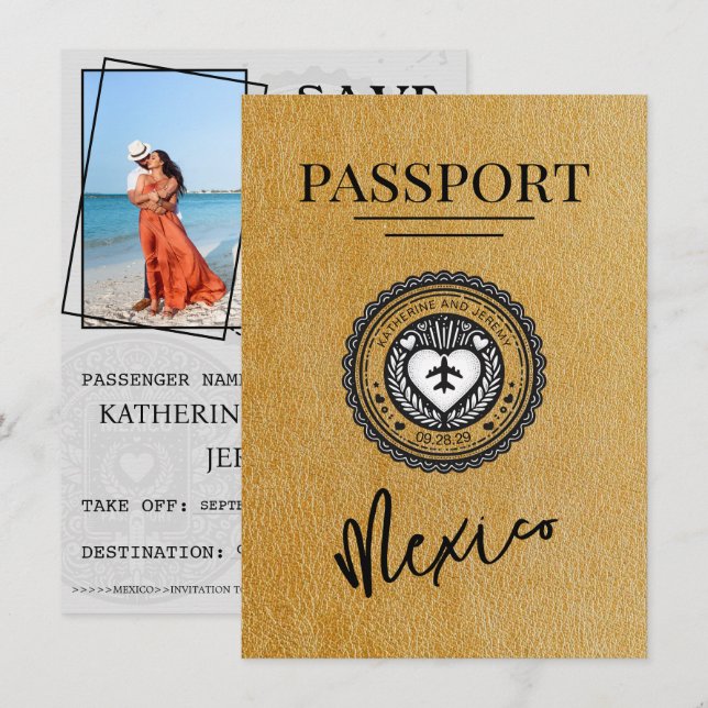 Gold Mexico Passport Save The Date (Front/Back)