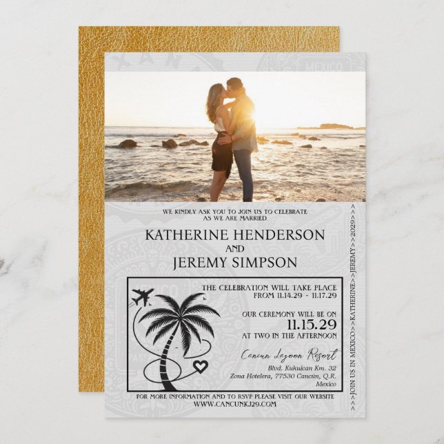 Gold Mexico Passport Wedding Invitation (Front/Back)