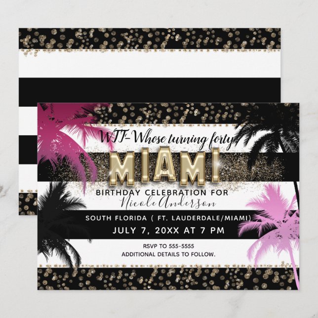 Gold Miami Glitter Glam Palm Trees Birthday Party Invitation (Front/Back)
