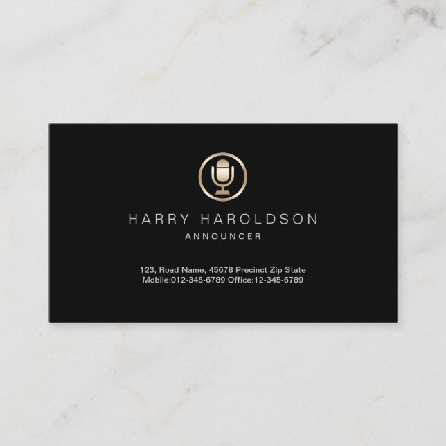 Gold Microphone Icon Announcer Business Card (Front)