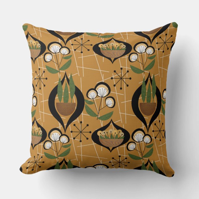 Gold Mid-Century | Plants in Pots | Atomic Throw Pillow (Front)