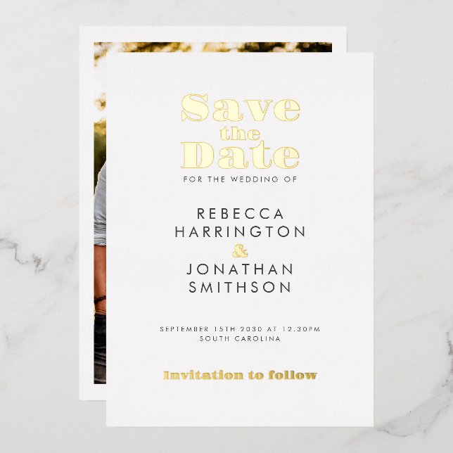 Gold Minimal Bold Typography Wedding Save The Date (Front/Back)