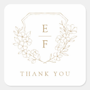 Gold Minimal Cherry Blossom Monogram Crest Square Sticker