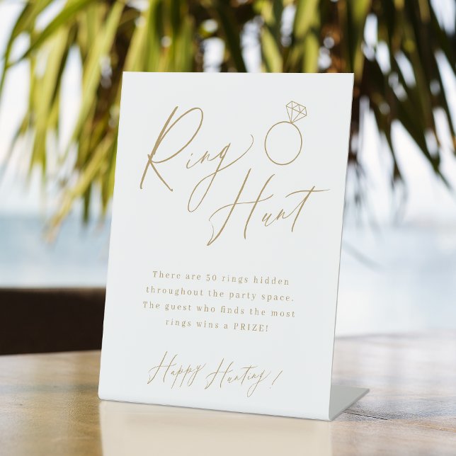 Gold minimal script ring hunt bridal shower game pedestal sign (Gold minimal script ring hunt bridal shower game pedestal sign)