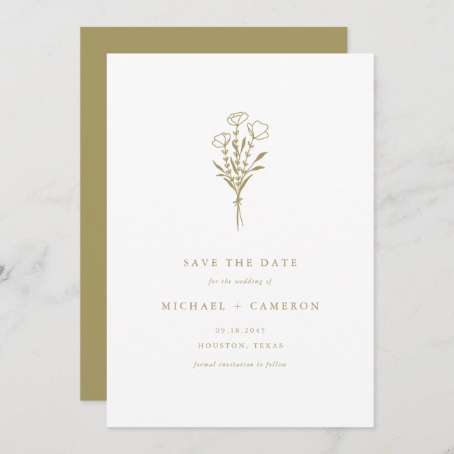 Gold Minimalist Botanical Bouquet QR Code Save The Date (Front/Back)