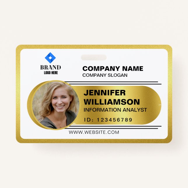 Gold Minimalist Business QR Employee Photo ID Badge (Front)