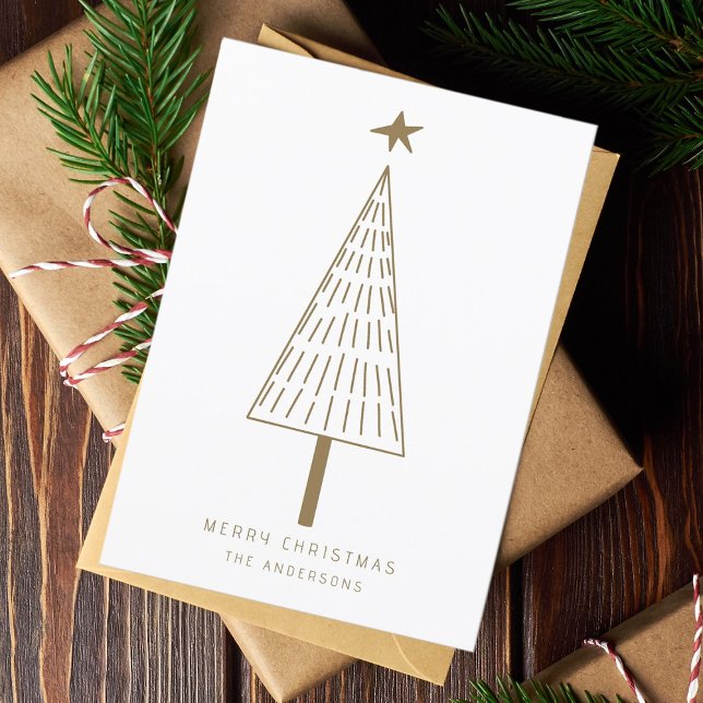 Gold Minimalist Christmas Tree Photo Flat  Holiday Card (Creator Uploaded)