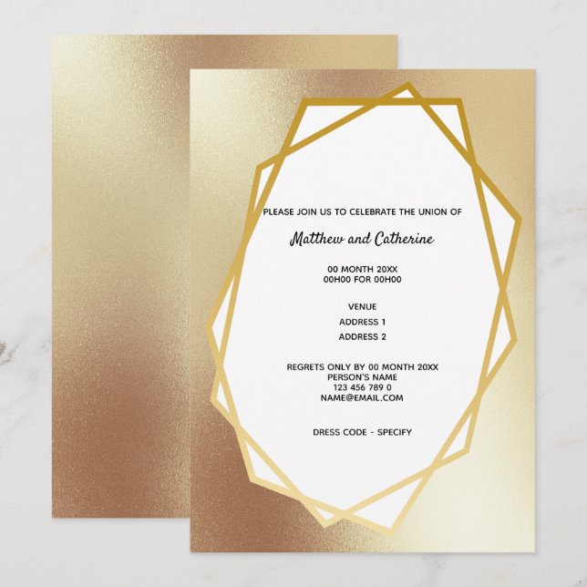 Gold minimalist plain geometric frame hexagonal invitation (Front/Back)