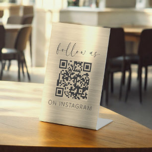 Gold Minimalist QR Code Follow Us on Instagram Pedestal Sign