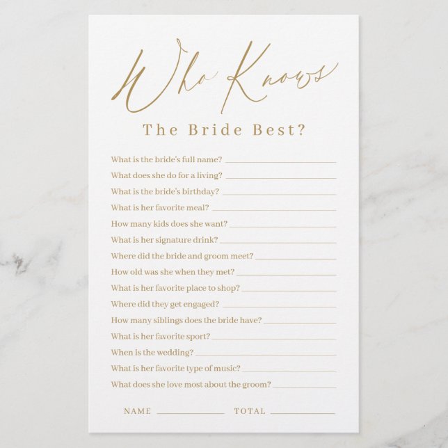 Gold minimalist who knows the bride best game (Front)