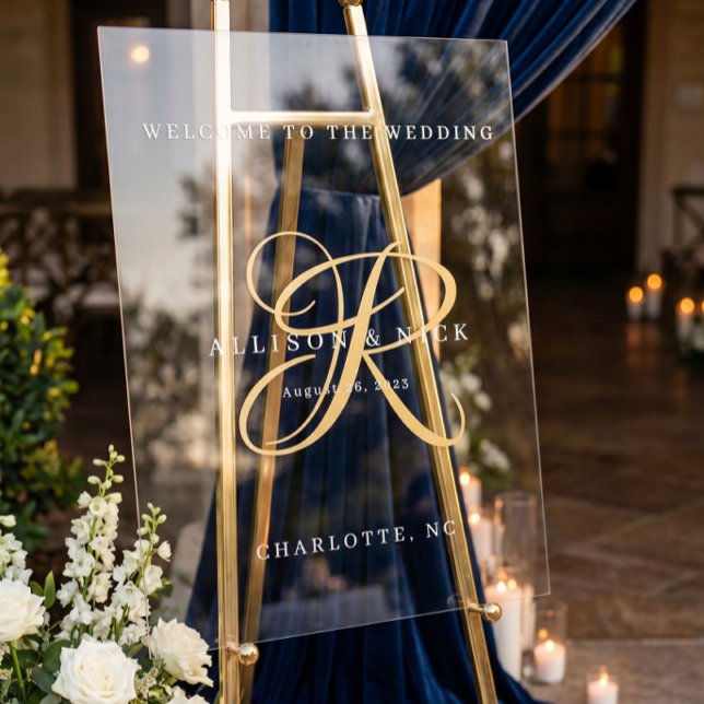 Gold Minimalistic Monogram Clear Wedding Welcome Acrylic Sign (Creator Uploaded)