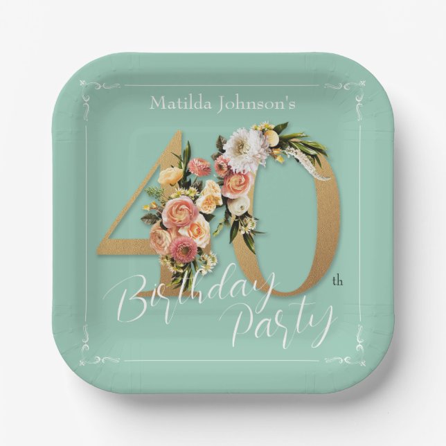 Gold Mint 40th Birthday Floral Pretty Chic Custom Paper Plate (Front)