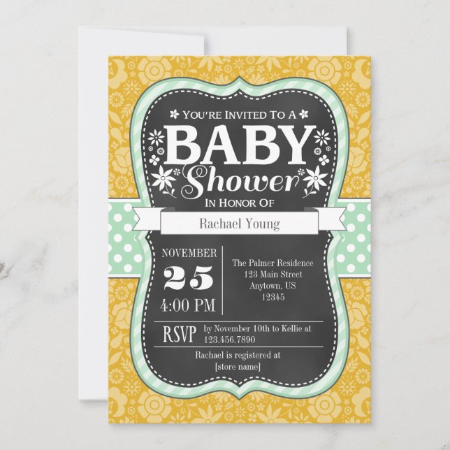 Gold Mint Chalkboard Floral Baby Shower Invite (Front)