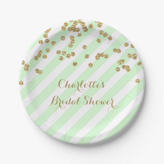 Gold Mint Green Confetti Stripes Bridal Shower Paper Plate (Front)