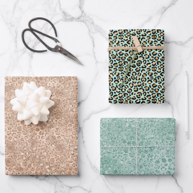 Gold Mint Green Glam Leopard Print Wrapping Paper Sheet (Front)