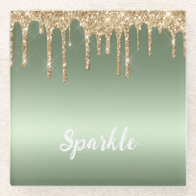 Gold Mint Green Glitter Drips Glass Coaster (Front)