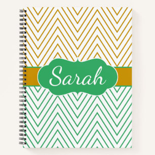 Gold Mint Green Personalized Chevron Pattern Notebook