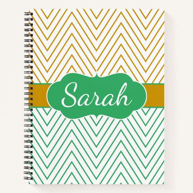 Gold Mint Green Personalized Chevron Pattern Notebook (Front)