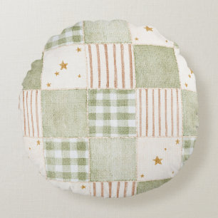 Gold Mint Green Stars Stripes Patches Round Pillow
