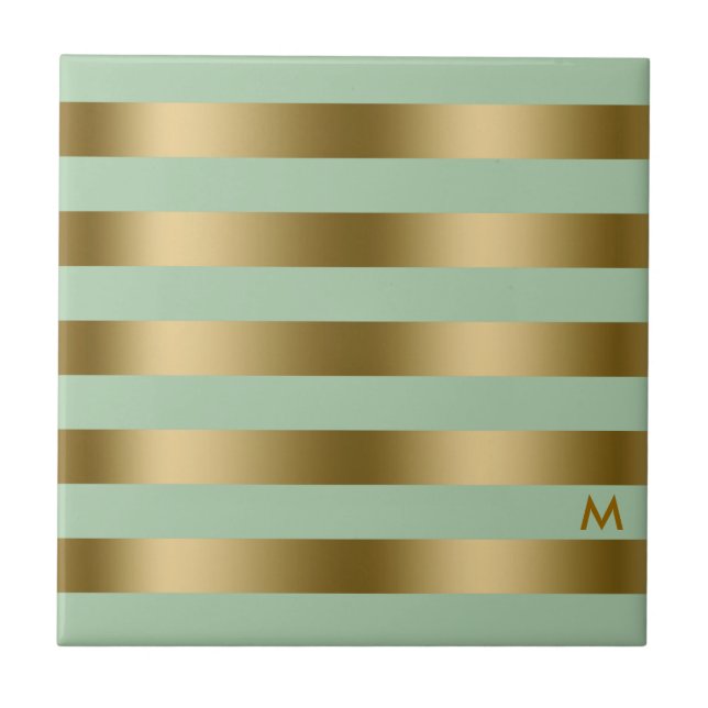 Gold & Mint-Green Stripes Geometric Pattern Tile (Front)