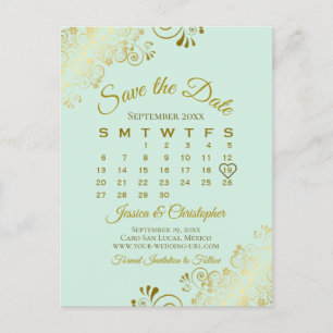 Gold & Mint Green Wedding Save the Date Calendar Announcement Postcard