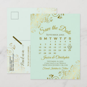 Gold & Mint Green Wedding Save the Date Calendar Announcement Postcard