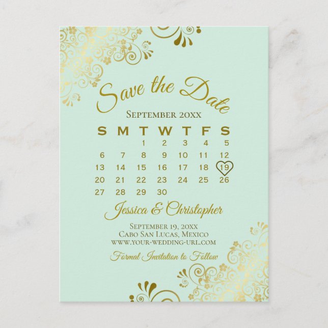 Gold & Mint Green Wedding Save the Date Calendar Announcement Postcard (Front)