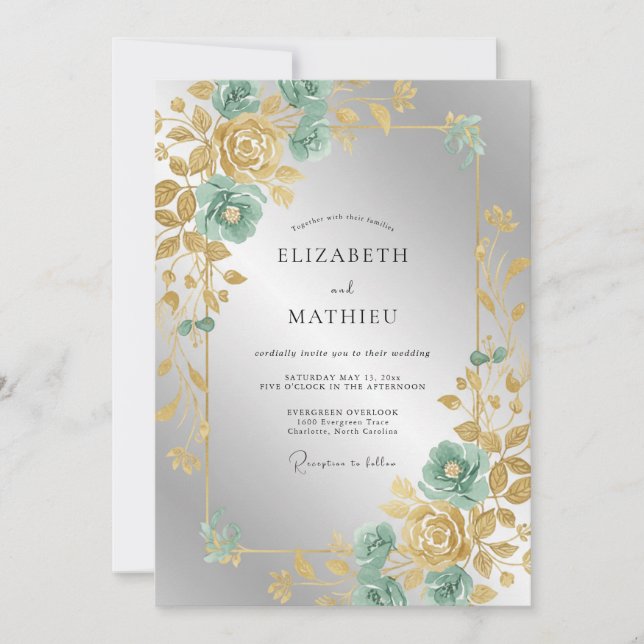 Gold Mint Leafy Wedding Invitation (Front)