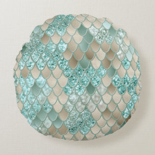 Gold Mint Mermaid Scales Glam #2 (Faux Glitter) Round Pillow