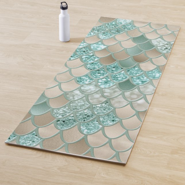 Gold Mint Mermaid Scales Glam #2 (Faux Glitter) Yoga Mat (In Situ)