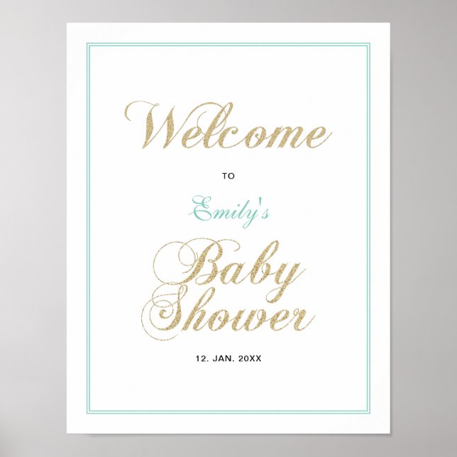 Gold & Mint | Modern Boy Baby Shower Welcome Sign (Front)