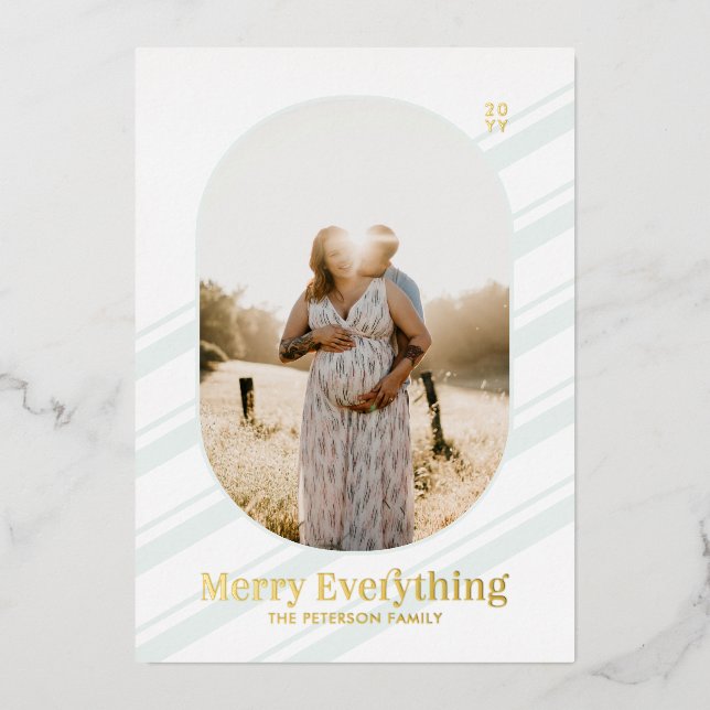 Gold & Mint Stripes Merry Christmas Photo Greeting (Front)