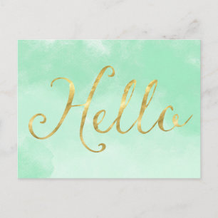 Gold Mint Watercolor Glam Hello Postcard