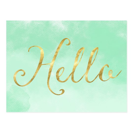 Gold Mint Watercolor Glam Hello Postcard