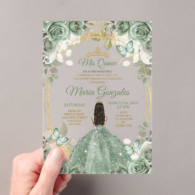 Gold Mis Quince Dusty Green Floral Quinceañera Acrylic Invitations (Insitu (Handheld))