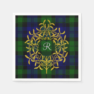 Gold Mistletoe Blackwatch Plaid Monogram Napkin