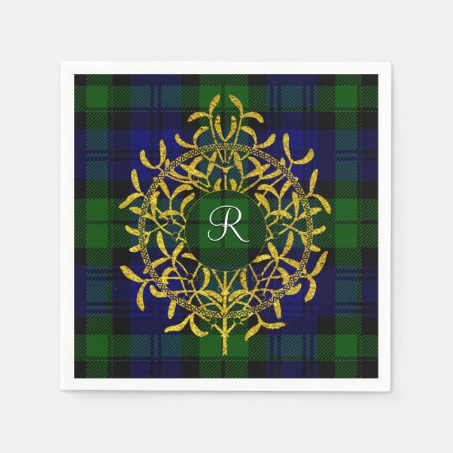 Gold Mistletoe Blackwatch Plaid Monogram Napkin (Front)