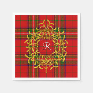 Gold Mistletoe Stewart Plaid Monogram Napkin