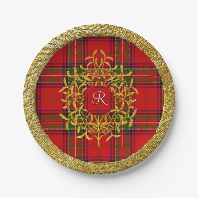 Gold Mistletoe Stewart Plaid Monogram Paper Plate (Front)