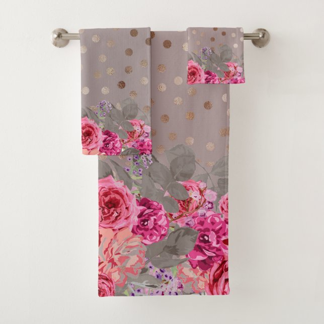 Gold Mocha Dot Floral Towel Set (Insitu)