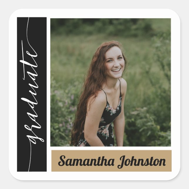 Gold Modern Block Photo Graduation Square Sticker (Front)