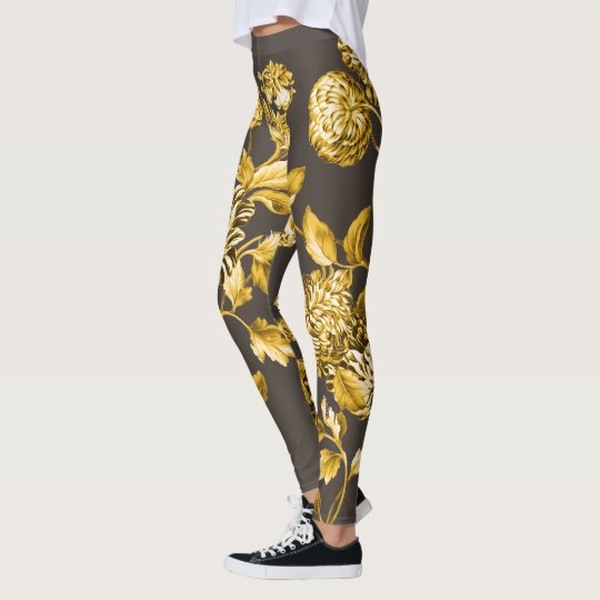 Gold Modern Botanical Floral Toile Espresso Brown Leggings